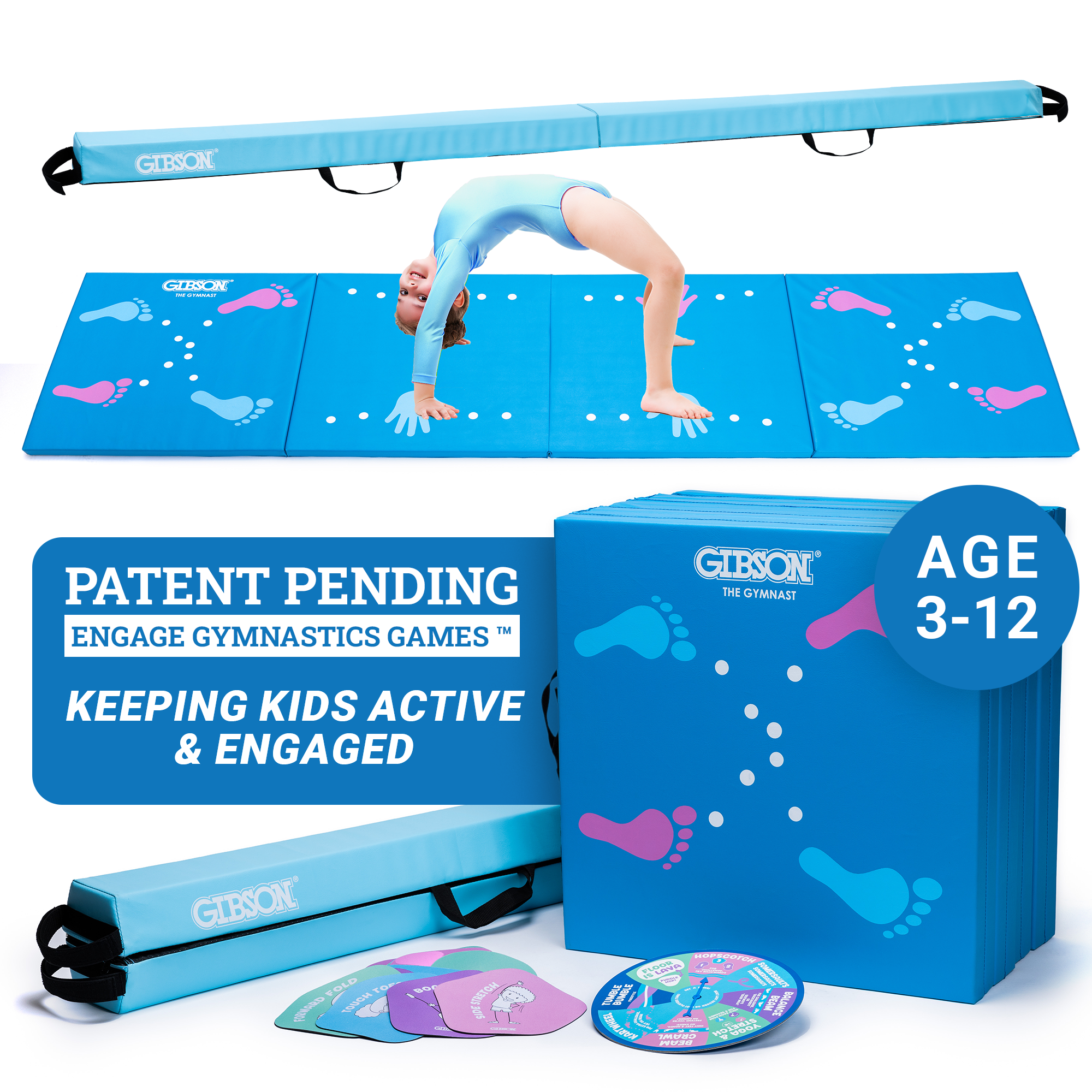 Gibson Engage Gymnastics Games – Kids Balance Beam, Tumbling Mats & Activity Spinner Playset – Screen-Free Home Fitness Fun Ages 3–10
