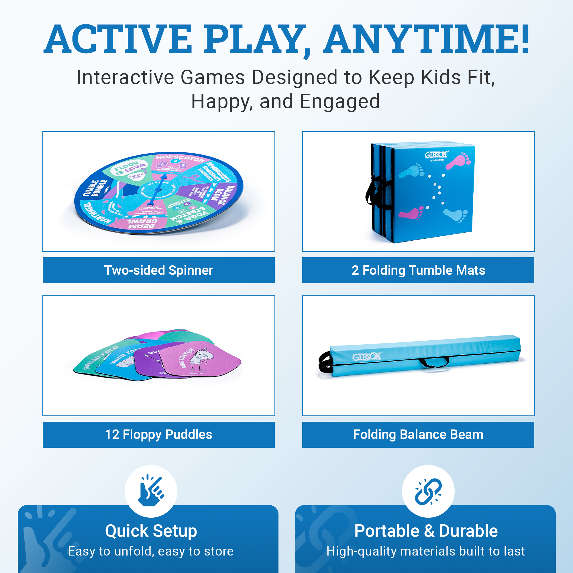 Gibson Engage Gymnastics Games – Kids Balance Beam, Tumbling Mats & Activity Spinner Playset – Screen-Free Home Fitness Fun Ages 3–10