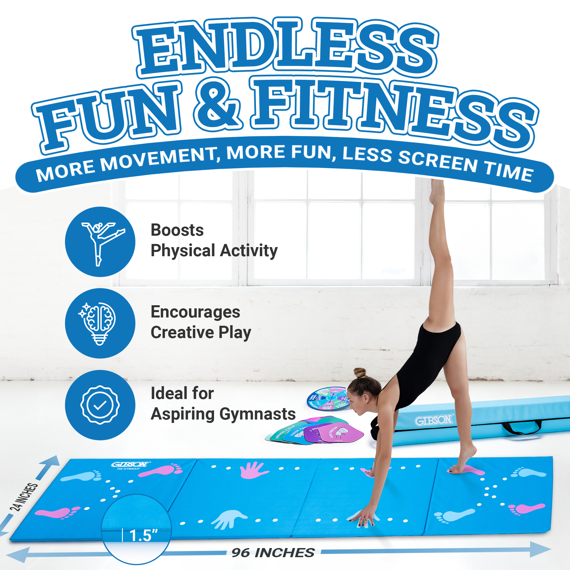 Gibson Engage Gymnastics Games – Kids Balance Beam, Tumbling Mats & Activity Spinner Playset – Screen-Free Home Fitness Fun Ages 3–10
