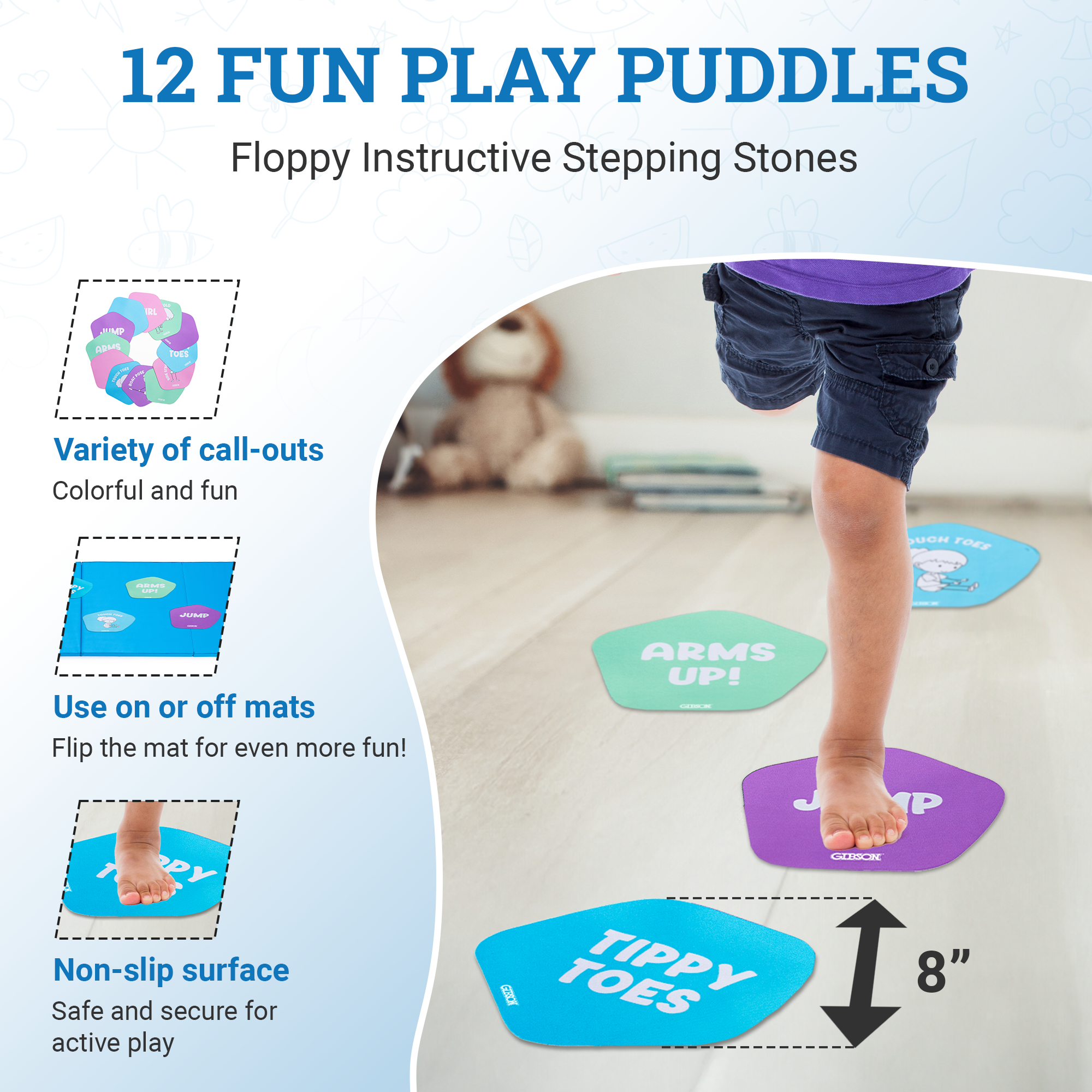 Twelve colorful play puddles designed for children to enjoy games and interactive play outdoors.