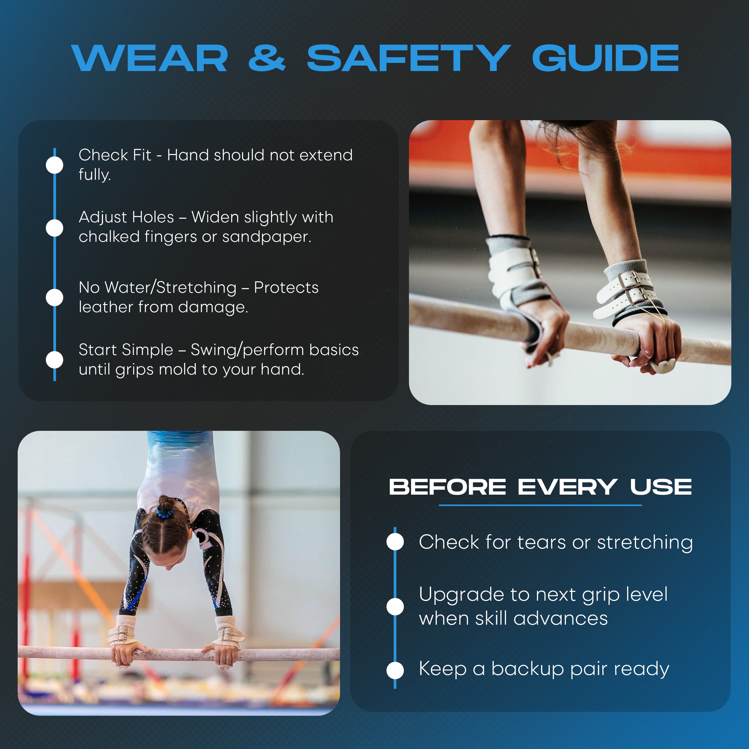 Gibson Just Right Uneven Bar Grips — Narrow-Fit Leather Grips for Youth Gymnasts (Ages ~7‑12) Double/Single Buckle or Hook & Loop Options