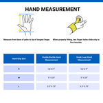 Hand measurement chart with illustrations and text on a white background