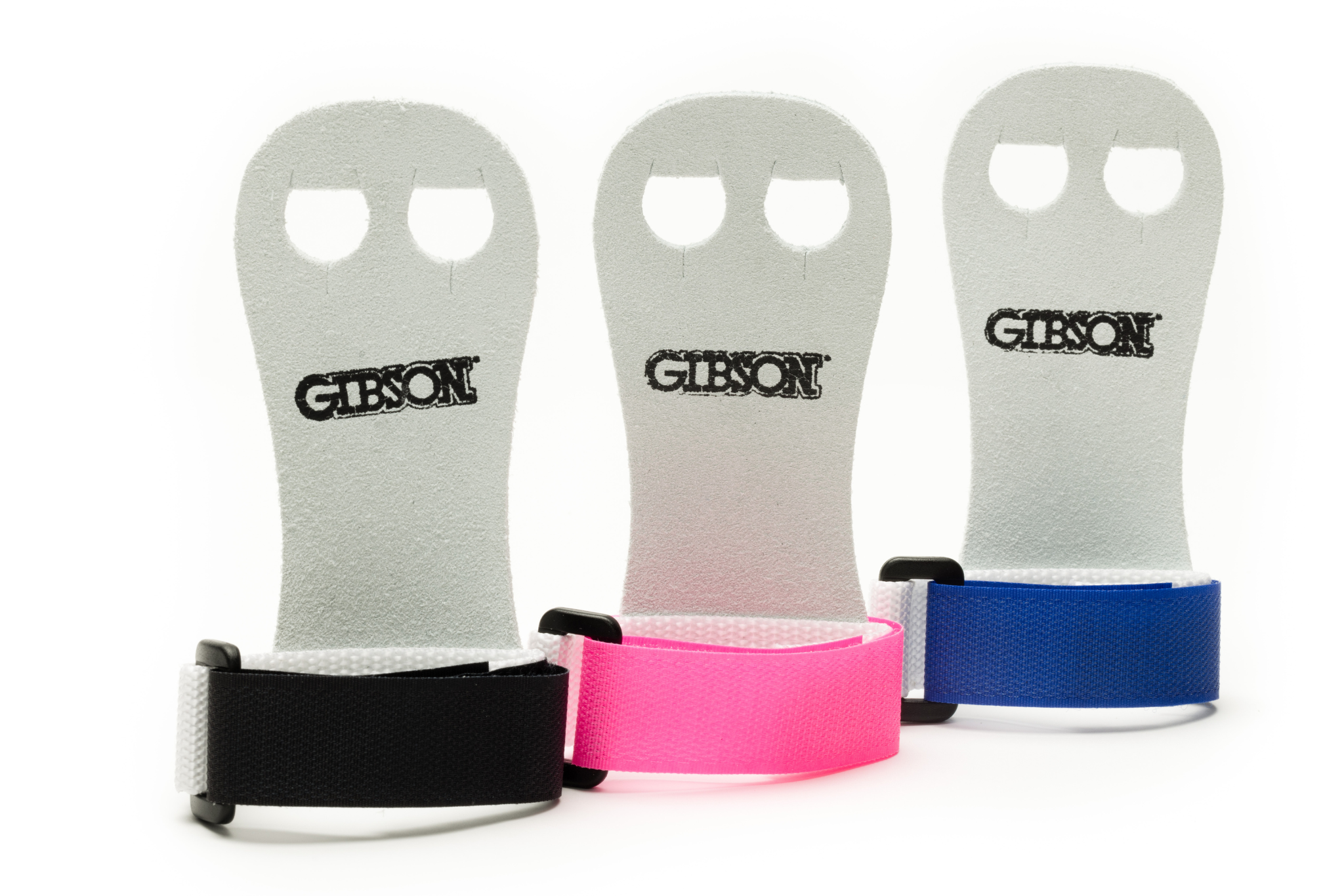 black, pink, and blue Gibson Rainbow beginner gymnastics grips on white background