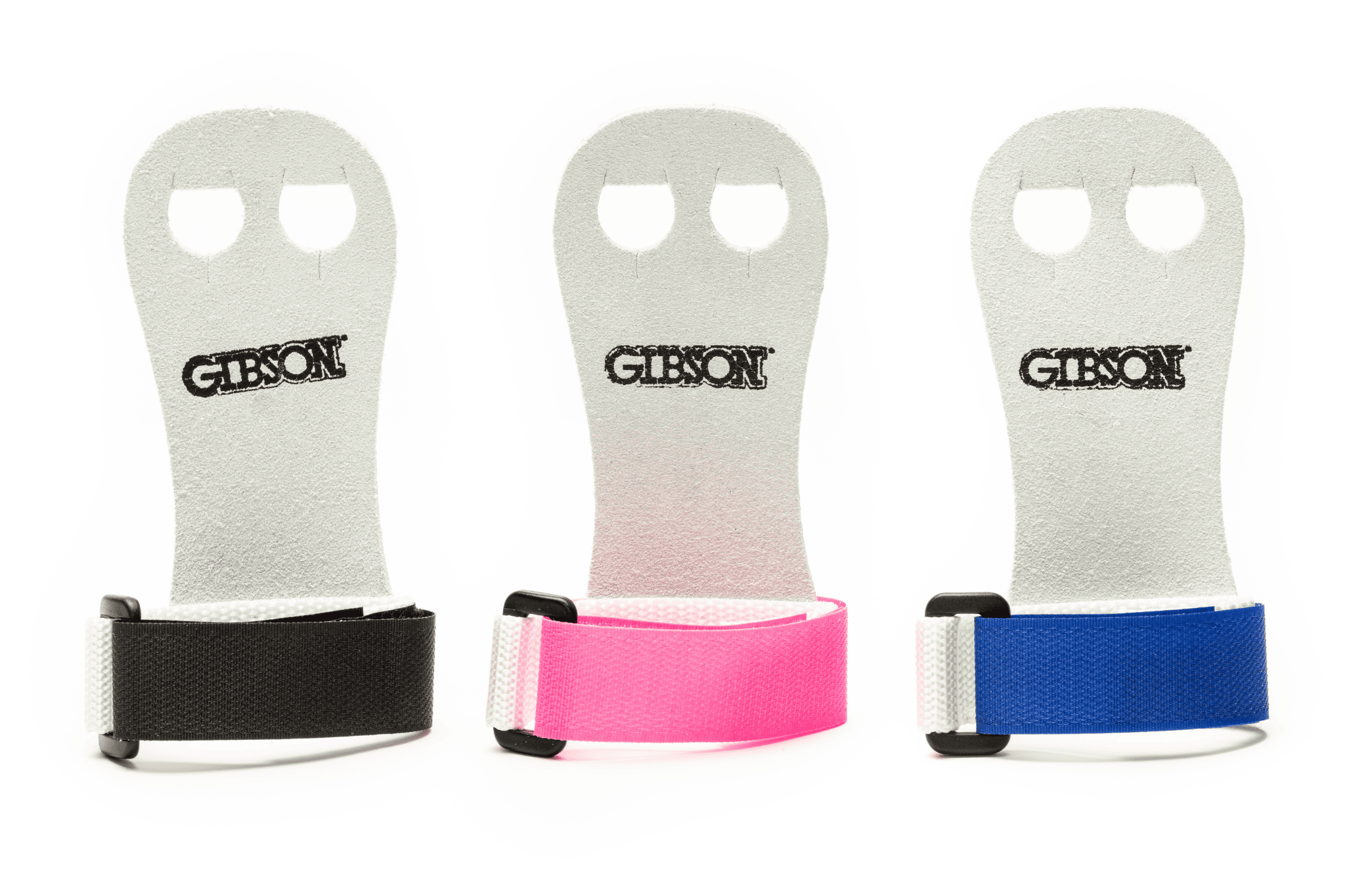 black, pink, and blue Gibson Rainbow beginner gymnastics grips on white background